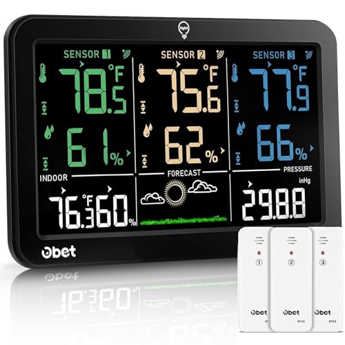 Wireless Weather Station with 3 Sensors, Large Color Display, Indoor Outdoor Temp & Humidity - Black Large