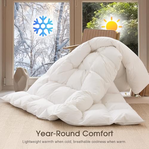King Size Feather Down Duvet Insert - 100% Organic Cotton Cover, White Variation