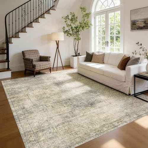 Green Washable Area Rug 6x9 Vintage Bohemian Style for Living Room & Bedroom - Green Beige Variation