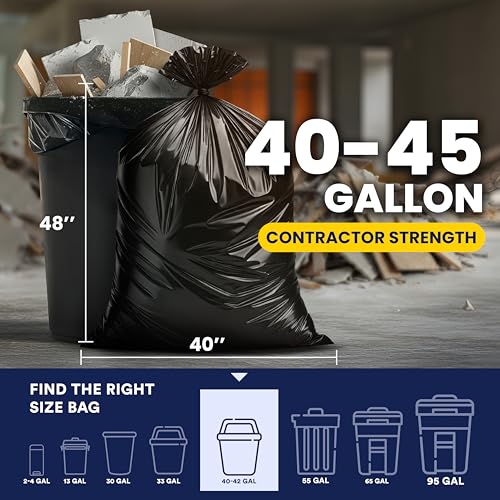Heavy Duty Contractor Trash Bags 40-45 Gallon 3.0 Mil Black 50 Count - Puncture & Tear Resistant