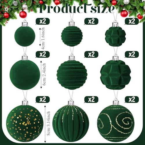 Suzile Green Velvet Christmas Ornament Set - 18 Pcs Flocked Holiday Decorations
