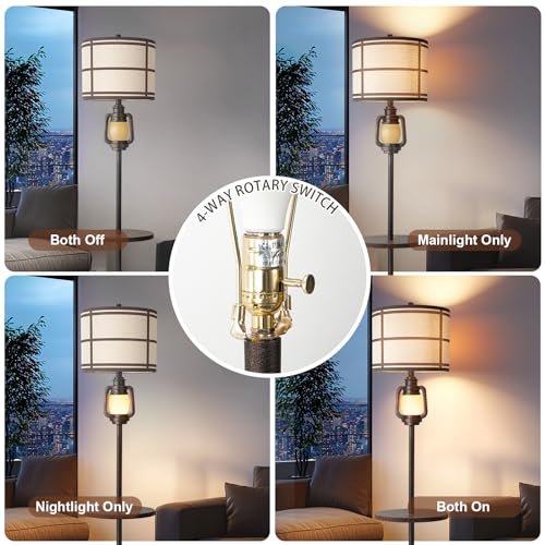 Dark Bronze Rustic Farmhouse Floor Lamp with Nightlight and Metal Tray