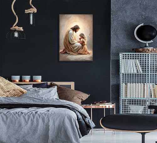 EFGETTPD Jesus Praying with Girl Canvas Wall Art 36x24 in Religious Decor