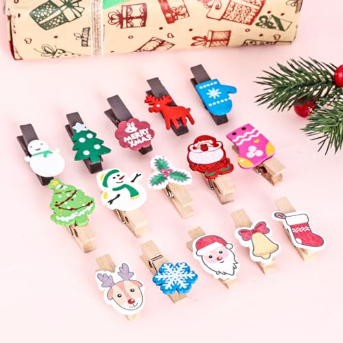 Christmas Wood Clips Set with Snowflake Santa Tree Designs & Jute Twine - Holiday Photo Hangers & Craft Decor