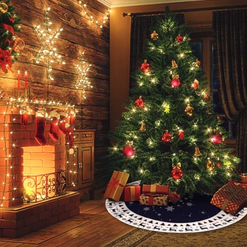 MEYAOHUIH 48in Christmas Tree Skirt Elk Snowflakes Navy Blue - Easy Tie Holiday Decor
