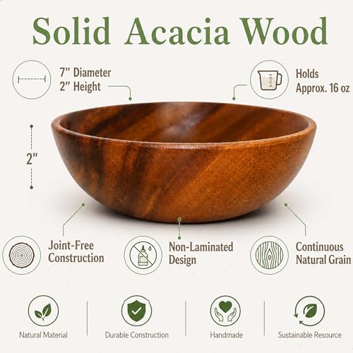 Wood Bowls for Food Set of 4 - 7 Inch Solid Acacia Salad & Cereal Bowls