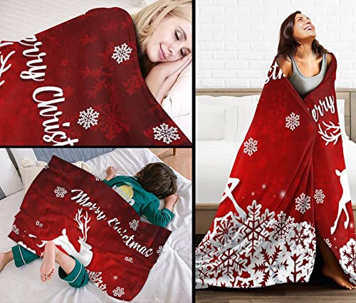 Merry Christmas Red Flannel Fleece Throw Blanket 60x80in with Snowflake Reindeer Print - White