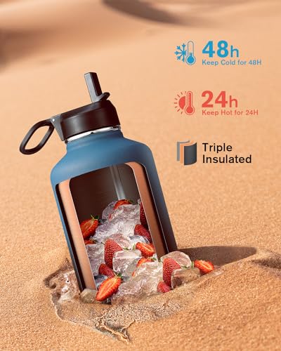 Coolflask Samurai Cyan 64oz Insulated Water Bottle with Straw & 3 Leakproof Lids