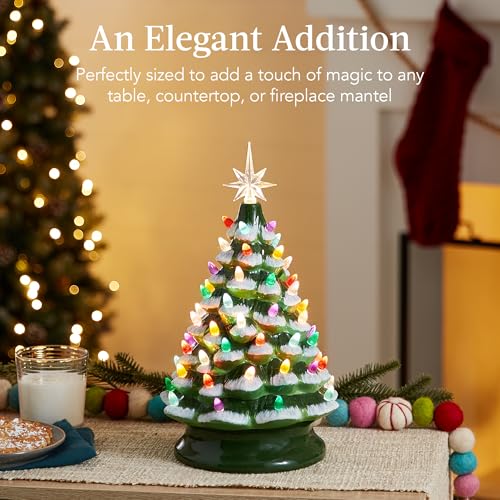 Best Choice 15in Ceramic Christmas Tree – Frosted w/ Multicolor Lights & Star Toppers, Pre-lit