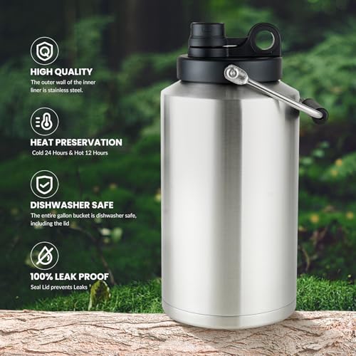 128 Oz Insulated Stainless Steel Water Bottle - Keeps Ice 48H, Leakproof, Large Jug for Camping & Outdoors - Variation of Stainless Steels