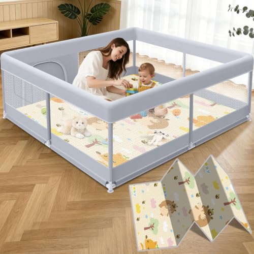 Baby Playpen with Mat - 50x50 Inch Indoor & Outdoor Play Yard for Toddlers - Grey