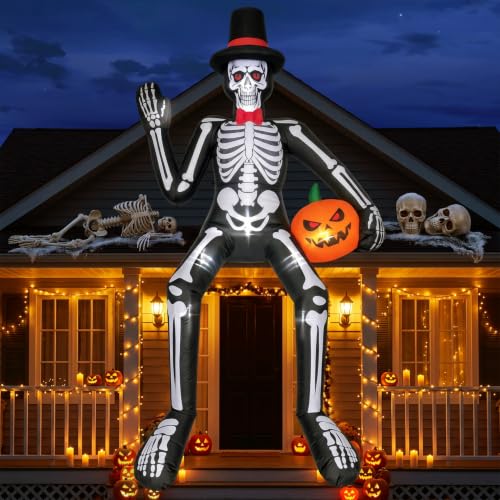 JOVIPOP 14ft Inflatable Sitting Skeleton Halloween Decor with Lights & Pumpkins