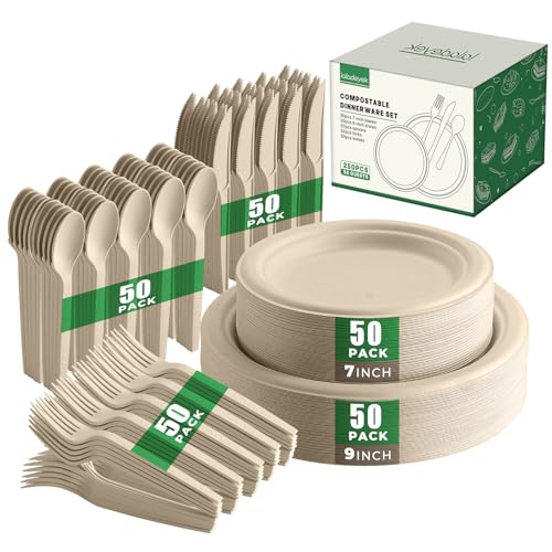 Brown 250-Piece Biodegradable Paper Plate and Utensil Set – Eco-Friendly Disposable Dinnerware for Parties and Camping