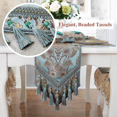 Kilofly Blue Floral Brocade Jacquard Table Runner 89x12 Inches with Tassels