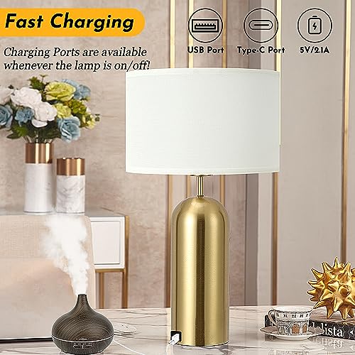 Gold Touch Control Table Lamps Set of 2 - 22 Inch Modern White & Gold Bedside Nightstand Lamps with USB-C Ports
