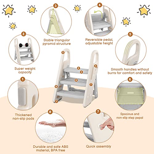 Onasti Gray Foldable 3-Step Stool for Kids Bathroom & Kitchen Helper, Adjustable & Space-Saving