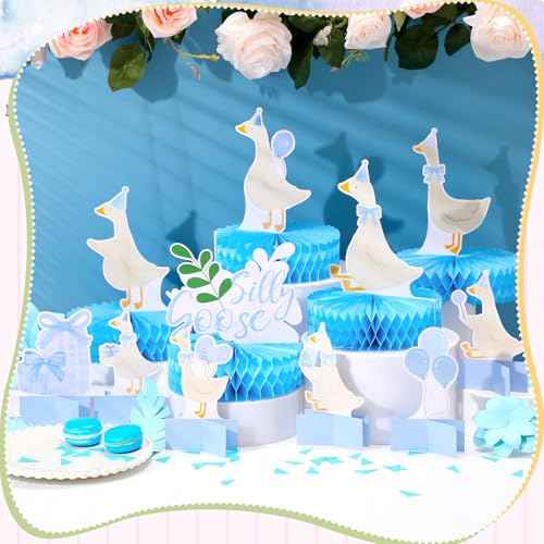 Lincia 12 Pcs Silly Goose Birthday Party Decorations Birthday Honeycomb Centerpieces Silly Goose Cake Balloon Topper for Bow Duck Party Supplies(Blue)