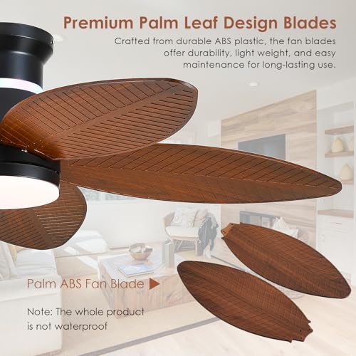 BYKISTOK 46in Tropical Palm Leaf Ceiling Fan with Lights & Remote - Reversible, Dimmable LED, RGB Side Light, Brown Flush Mount
