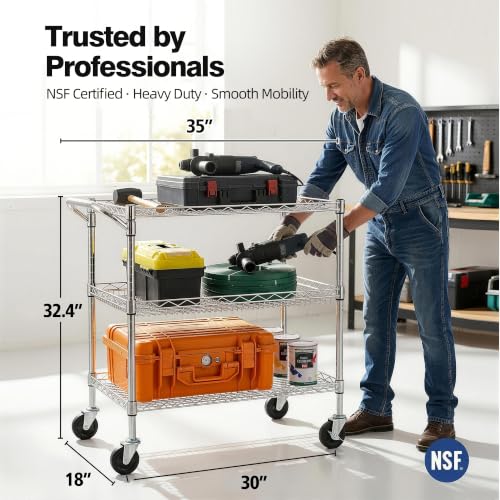 Finnhomy Chrome 3-Tier Heavy Duty Utility Cart 30"L x 18"W x 32.4"H with Handle, NSF Listed