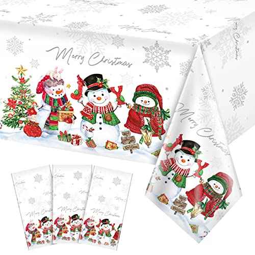 FunnyPars 3Pcs Christmas Snowman Tablecloth,Plastic Christmas Snowman Snowflake Winter Table Cover with Xmas Tree for Winter Holiday Themed Party Decorations and Supplies,54x 108inch£¨White£©