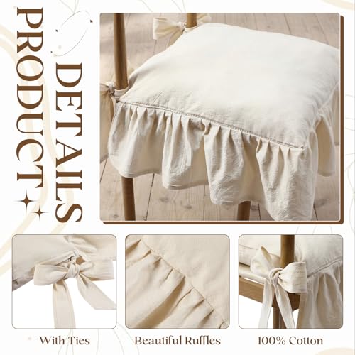 Novabright Ruffle Chair Cushions Cover Set Retro Cream White No Padding 17.5x17.5 Inch French Style Slipcovers with Ties, 6 Pack