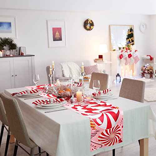 Christmas Candy Cane Table Runner Red White Sugar Table Runner Xmas Winter Snowflake Rectangular Tablecloth Washable Sweets Runner for Home Kitchen Dining Party Holiday Decor Wedding, 11.8 x 70 Inch