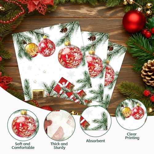 50PCS Christmas Paper Napkins - Disposable Xmas Balls Holiday Napkins Snowflake Holly Pine Cone Paper Napkins for Dinner Table Decor Party Supplies
