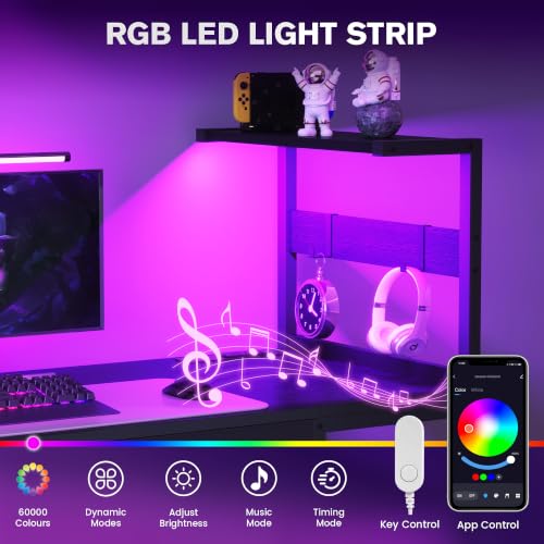 40 Inch Small Gaming Desk with RGB LED Lights, Drawers & Storage Bag - Black - YOUDENOVA
