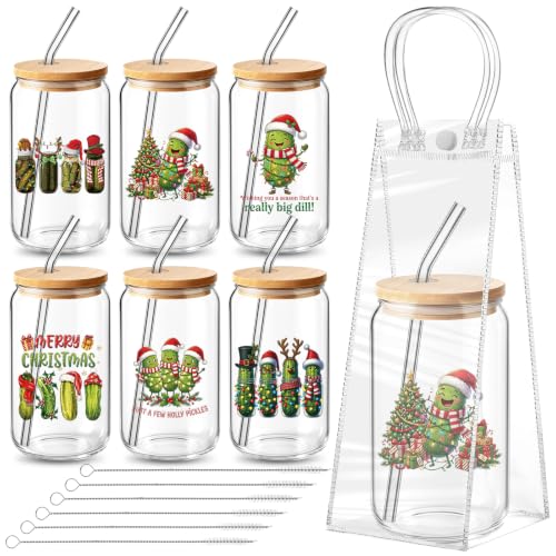 Maxdot 6 Set Christmas Pickle Glass Cups with Lids, Straws & Bags - 16 oz, Pickle Theme