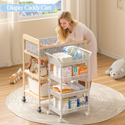 3IngSeagulls 4-Tier Baby Diaper Caddy Cart with Wheels - White, Variation 1