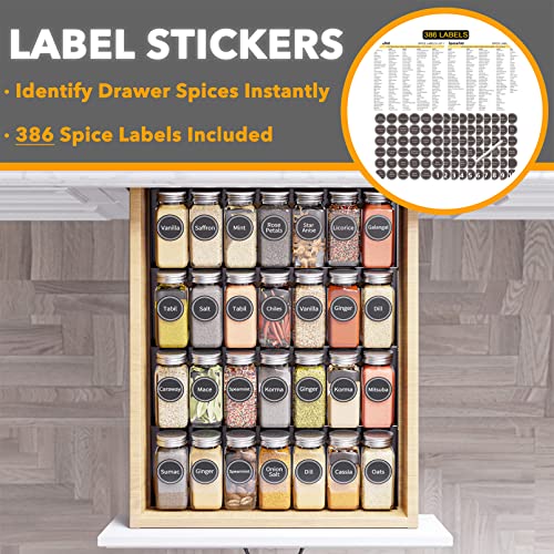 SpaceAid 28-Jar Spice Drawer Organizer Set with 386 Labels, 4-Tier Rack, 13" Wide