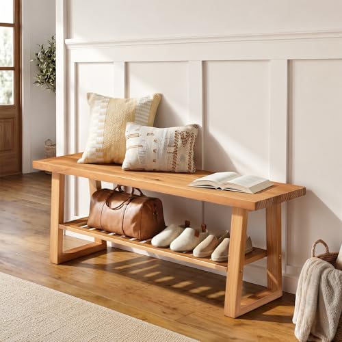 Amada Pine Wood Entryway Bench with Shoe Storage Shelf, Rustic Farmhouse Style
