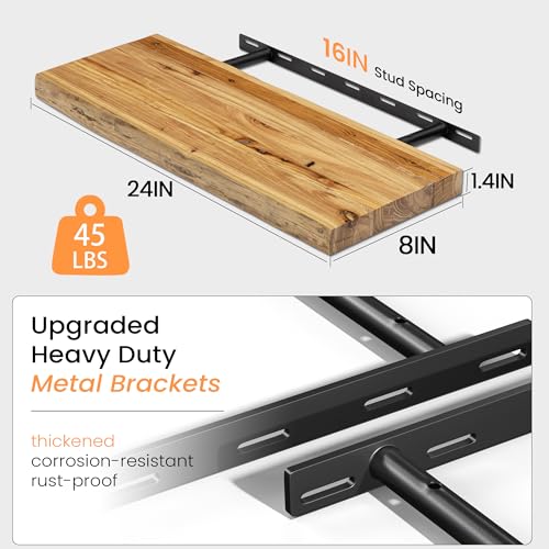 Fun Memories 24Inch Floating Shelves, 8" Deep Solid Elm Wood Live
