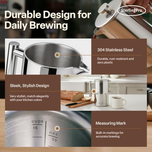 Mirror Finish 64oz Extra Large Stainless Steel French Press Coffee Maker, 16 Cups