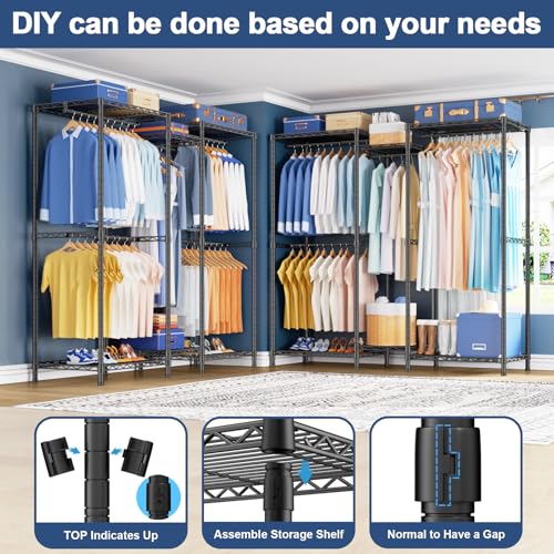Ulif E12 Heavy Duty Black Clothes Rack with Shelves - 86Lbs Capacity, Adjustable, Freestanding Garment Organizer