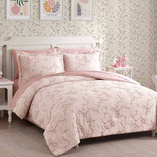 Full Pink Comforter Set for Girls - 7 Pieces Blush Bow Bed in a Bag