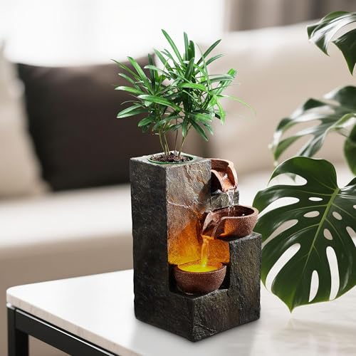Dark Grey 3-Tier Indoor Water Fountain with LED Light, Tabletop Rock Waterfall