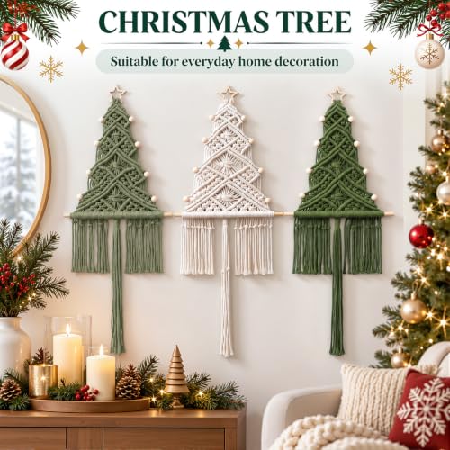 Taysta Macrame Christmas Tree Wall Hanging Decor 3 Pack Sage White Green