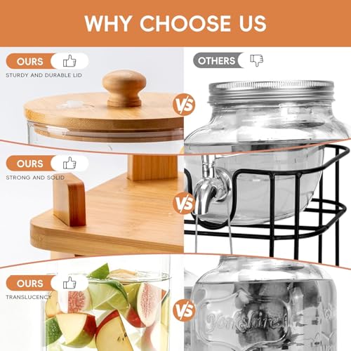 Large Glass Beverage Dispenser Set with Wood Stand - 2 Gallon Water & Juice Containers