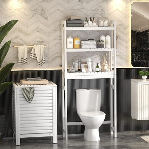 Homykic Over The Toilet Storage 3-Tier Bamboo Bathroom Shelf White 10.3"D x 24.8"W x 66.8"H