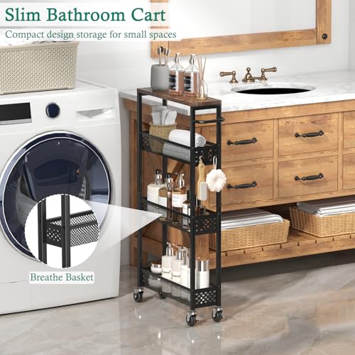 XYZLVSI 16.7"D x 5.0"W x 34"H Slim Rolling Storage Cart 4-Tier Organizer
