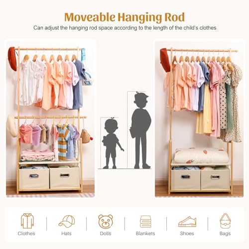 Natural Bamboo Kids Clothing Rack with 2 Storage Baskets & Adjustable Rods — Holds Up to 121 Lbs