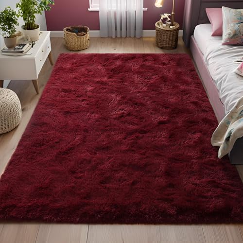 Wine Red 6x9 Plush Burgundy Area Rug - FALARK Soft Non-Slip Shag Carpet