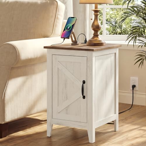 VASAGLE Rustic White & Honey Brown Nightstand with Charging Station, 18.9"D x 14.2"W x 24.8"H