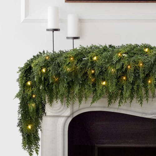 6FT Christmas Garland with Lights - Real Touch Cedar, 2 Pack