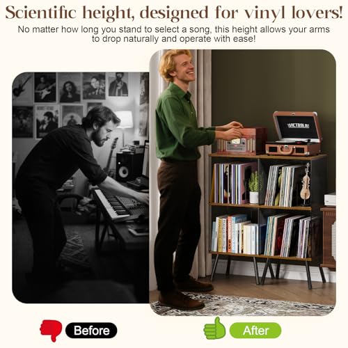 Brown 3-Tier Vinyl Record Stand with Storage and Adjustable Divider - 11.8"D x 15.7"W x 35.8"H
