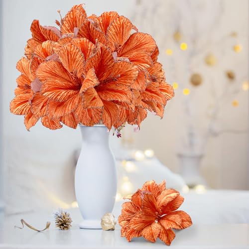 Hotop 6 Pcs Glitter Poinsettia Flowers with 3 Heads - Orange