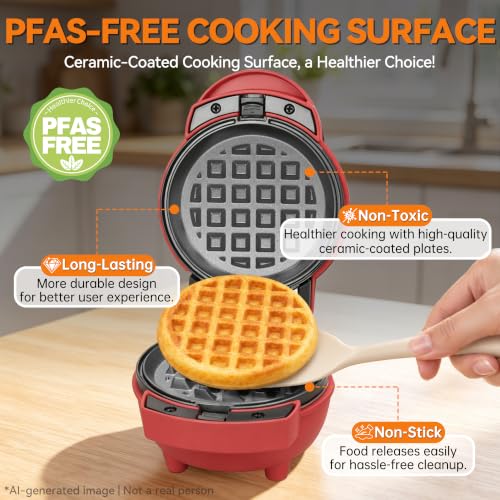 4-in-1 Mini Waffle Maker with Removable Plates - Red, Compact & Versatile