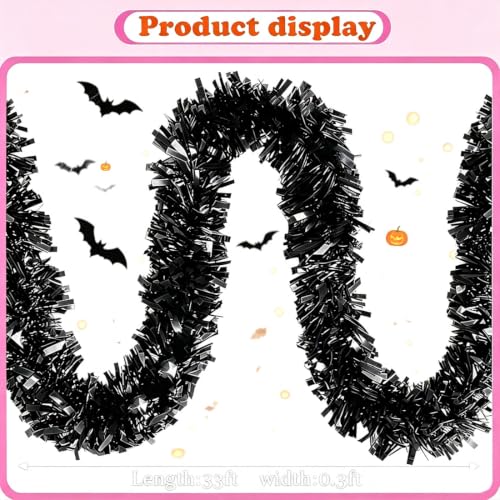 Psoeksdo 33Ft Black Christmas Tinsel Garland Metallic Twist for Indoor Outdoor Decor