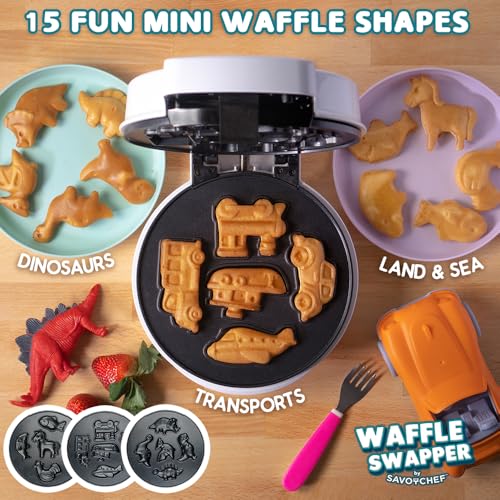 Kids Waffle Maker with 15 Mini Shape Plates - Dinosaur, Car & Animal Designs